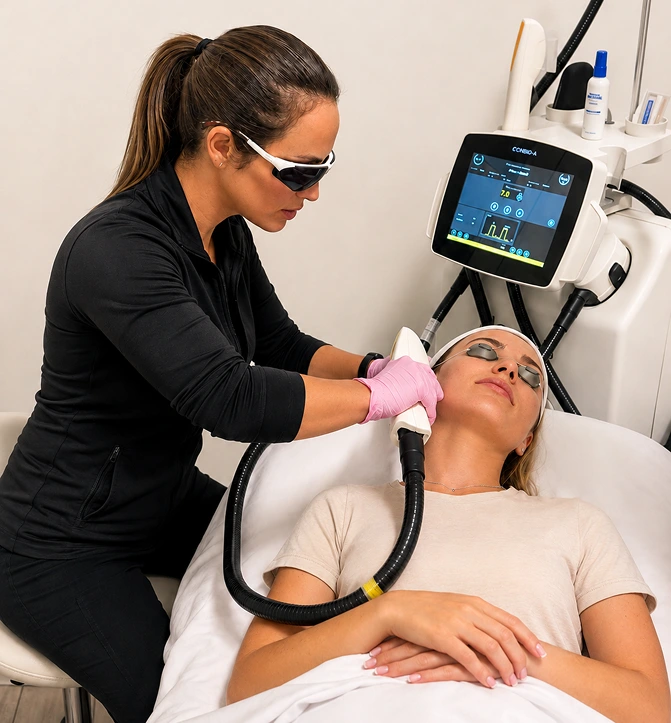 Provider performing a laser treatment on a relaxed patient at Elle Medical & Aesthetics