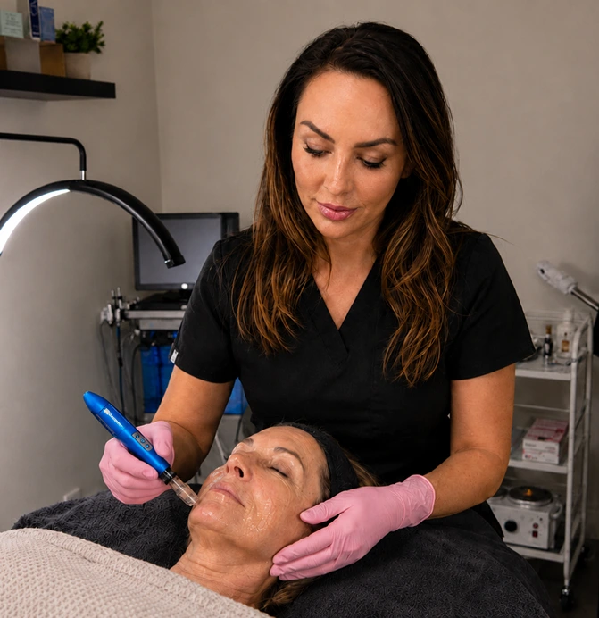 Crystal Fontenot performing a microneedling facial on a patient in Lafayette