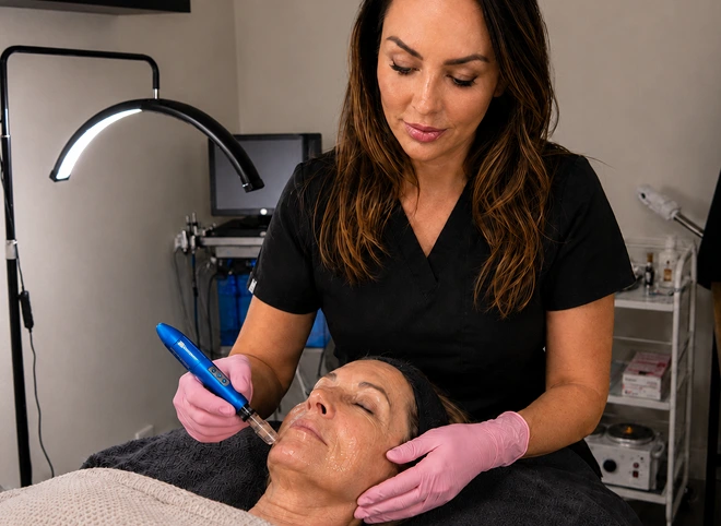 Crystal Fontenot performing microneedling on a patient's face