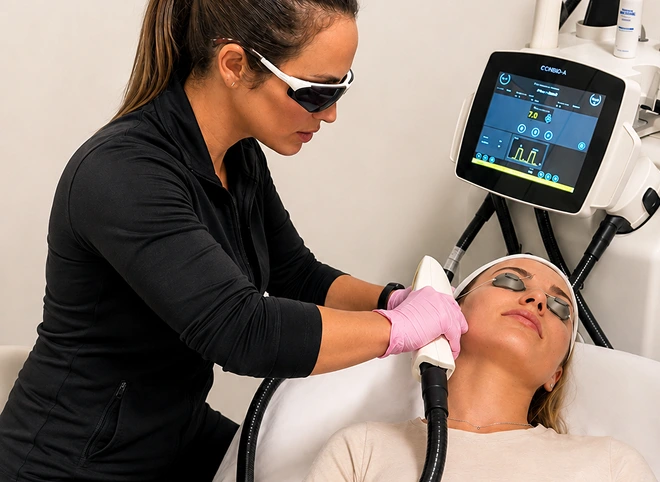 Provider performing a Nordlys light treatment on a patient's face