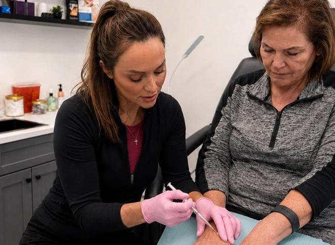 Provider injecting Radiesse into the back of a patient's hand